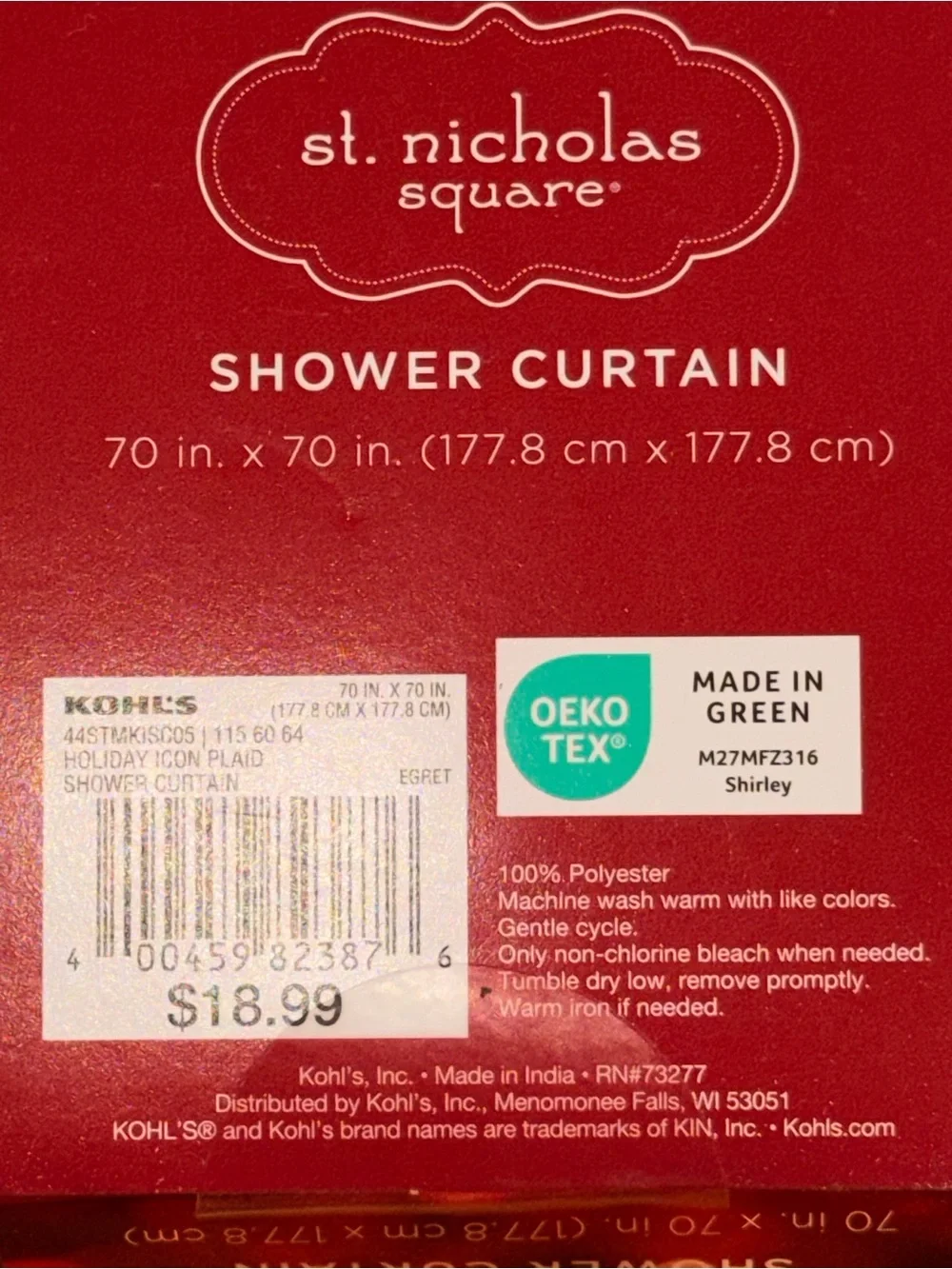 New St Nicholas Christmas polyester shower curtain 70 x 70 winter holiday plaid
